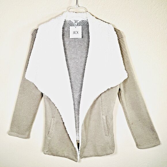 JACK NWT‎ Womens Large Tan Sweater Jacket Faux Fur Collar Open Front Pockets - Picture 1 of 8